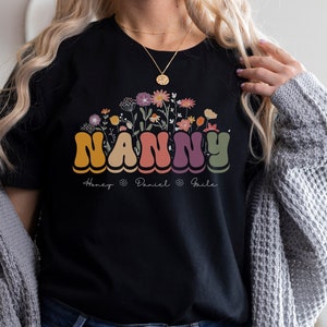 Custom Nanny Floral Shirt, Personalized Mother&#39;s Day TShirt, Nanny With Grandkid Names Apparel, Grandma From Kids Gift, Blessed Nanny Tee