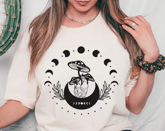 Pilz Shirt, Magical Celestial Fungi Shirt, Cottagecore Mushroom Shirt, Moon Phases Shirt, Black Moon And Mushroom Shirt, Dark Academia T