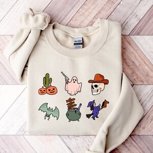 Western Cowboy Ghost Spooky Halloween Unisex Sweatshirt, Fall Halloween Party Gift, Scary Cowboy Doodles Skull Witch Horror Night Theme