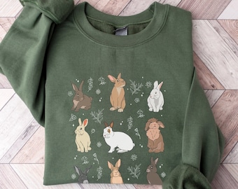 Sudadera unisex amante del conejo, regalos de camiseta del dueño de los conejitos, sudadera con capucha de los animales de la mamá del papá del conejo, camiseta de manga larga de los conejos con las flores para las mujeres