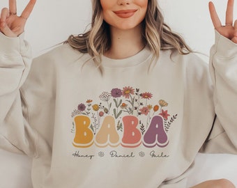 Personalized Baba Sweatshirt, Custom Baba Gift With Grandkids Names, First Time Grandma Floral Crewneck Sweater, Mother's Day Gift For Baba