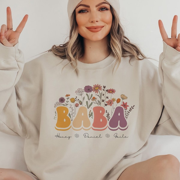 Personalized Baba Sweatshirt, Custom Baba Gift With Grandkids Names, First Time Grandma Floral Crewneck Sweater, Mother's Day Gift For Baba