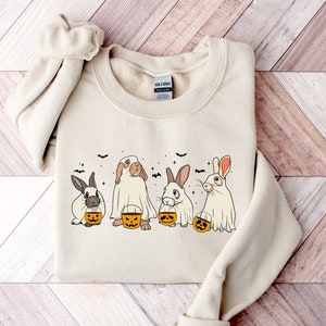 Felpa unisex di Halloween con coniglio spettrale e fantasma, coniglietti spaventosi con zucche, maglietta con animaletto coniglietto carino, felpa con cappuccio di Halloween per lei e per lui