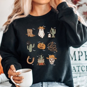 Western Cowboy Ghost Halloween Unisex Sweatshirt, Spooky Fall Doodles Halloween Party Gift, Scary Cowboy Ghost Horror Night Theme Present