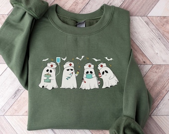 Scary Halloween Nurse Ghost Sweatshirt, Nursing Halloween Healthcare Gift, Spooky Halloween Nurse Party Outfit, Emergency Nurse Present