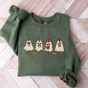 Chicken Ghost Halloween Sweatshirt, Farm Animals, Spooky Chicken Halloween Gift, Chicken Lover Hoodie, Western Halloween Long Sleeve Shirt