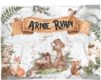 Personalized Baby Boy Blanket, Wild Animal Baby Blanket, Newborn Blanket, Woodland Blanket Boy, Forest Animal Blanket, Woodland Baby Blanket