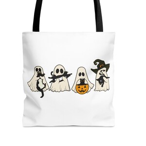 Cat Witch Halloween Cotton Canvas Tote Bag, Cute Halloween Tote Bag, Cute Scary Cat Pumpkin Autumn Tote Bag, Autumn Cat With Halloween Hat