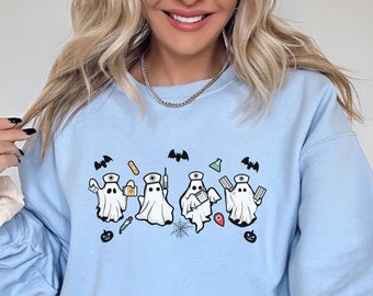 Scary Halloween Nurse Ghost Sweatshirt, Nurse Appreciation Halloween Gift, Registered Nurse Ghosts Present, Healthcare Crewneck For Nurse