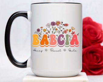 Personalized Floral Babcia Retro Mug, Grandkids Names Gift For New Grandma, Baby Announcement, Pregnancy Announcement, Mother's Day Gift