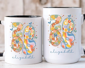 2008 Birthday Mug With Name, Navy Blue Floral Bow Coquette Coffee Cup, Personalized Birth Year Gift for Daughter Sister Friend