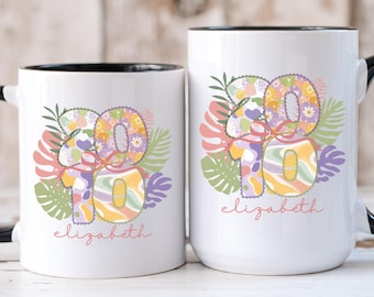 2010 Birthday Mug for Daughter Granddaughter, Personalized Name Coffee Cup, Boho Tropical Floral Birth Year Gift Mug