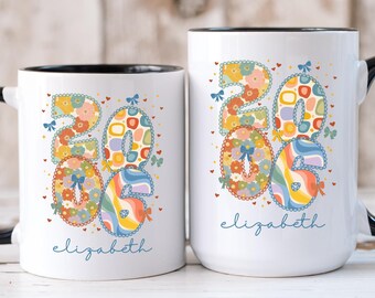 2006 Blue Floral Bow Birthday Mug, Custom Name Birth Year Coffee Cup, Navy Coquette Gift for Daughter Sister Best Friend Her