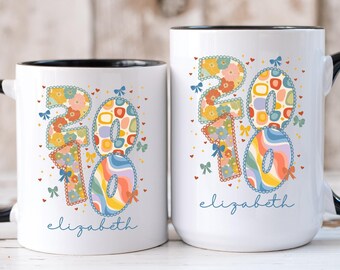 2010 Birthday Mug for Daughter Granddaughter, Personalized Name Coffee Cup, Navy Blue Bow Floral Coquette Birth Year Gift Her