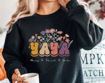 Personalized Yaya Sweatshirt, Custom Yaya Gift With Grandkids Names, First Time Grandma Floral Crewneck Sweater, Mother's Day Gift For Yaya