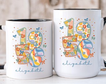 1956 Blue Bow Birthday Mug, Custom Name Birth Year Coffee Cup, Navy Floral Coquette Design, 70th Birthday Gift for Grandma Mom