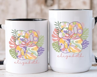 2008 Birthday Mug With Name, Boho Tropical Floral Coffee Cup, Personalized Birth Year Mug, Custom Gift for Daughter Sister