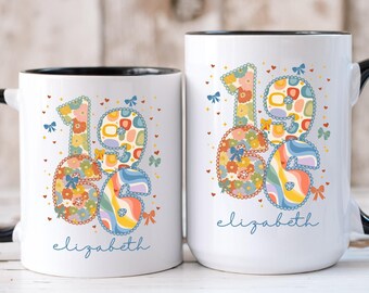 1966 Personalized Birthday Mug, Custom Name Coffee Cup, Navy Blue Floral Bow Birth Year Design, 60th Gift for Mom Grandma Aunt