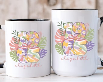 1966 Personalized Birthday Mug, Birth Year Coffee Cup With Name, Pastel Floral Tropical Mug, Custom Gift for Mom Grandma