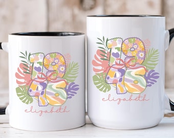 1946 Birthday Mug for Her, Personalized Birth Year Coffee Cup With Name, Boho Tropical Floral Mug, Pastel Retro Gift for Grandma