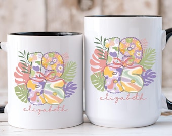 1986 Birthday Mug for Her, Custom Name Birth Year Coffee Cup, Boho Floral Tropical Leaves Mug, Personalized 40th Gift