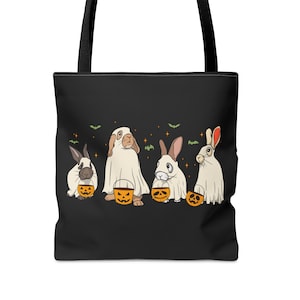 Spooky Rabbit Ghost Halloween Black Tote Bag, Scary Bunnies With Pumpkins Shoulder Bag, Cute Rabbit Animal Bag, Halloween Gift For Her & Him