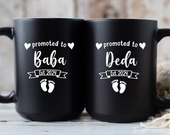 Set di tazze da caffè nero Baba Deda per la prima volta, promosso a nonna, rivelazione della gravidanza dei nuovi nonni, tazza personalizzabile per l'annuncio del bambino
