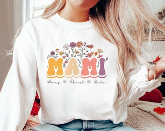 Personalized Mami Sweatshirt, Custom Mami Gift With Grandkids Names, First Time Grandma Floral Crewneck Sweater, Mother's Day Gift For Mami