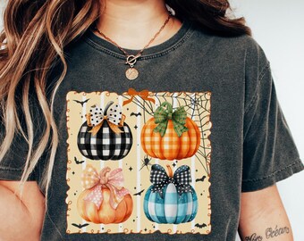 Bonita camiseta de calabaza de Halloween con colores cómodos, camisetas con lazos, calabazas y telarañas, camiseta de otoño con murciélagos y Jack-O-Lantern espeluznantes.