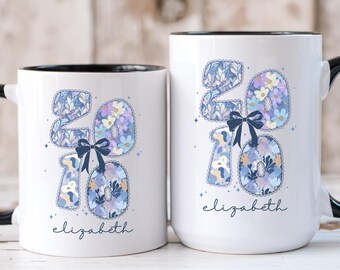 2010 Birthday Mug for Daughter Granddaughter, Personalized Name Coffee Cup, Colorful Bow Floral Coquette Birth Year Gift Present for Her