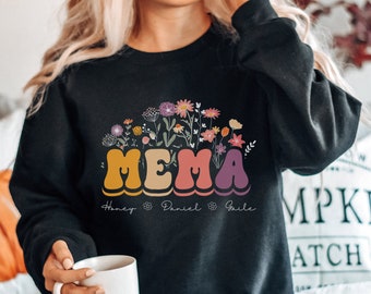 Personalized Mema Sweatshirt, Custom Mema Gift With Grandkids Names, First Time Grandma Floral Crewneck Sweater, Mother's Day Gift For Mema