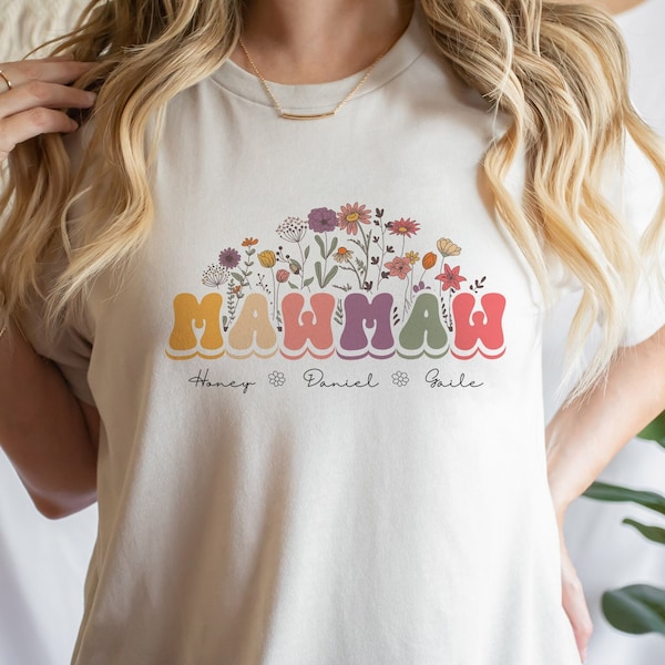 Custom Mawmaw Floral Shirt, Personalized Mother's Day TShirt, Mawmaw With Grandkid Names Apparel, Grandma From Kids Gift, Blessed Mawmaw Tee