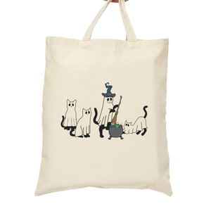 Cat Witch Halloween Cotton Canvas Tote Bag, Cute Halloween Tote Bag, Cute Scary Cat Pumpkin Autumn Tote Bag, Autumn Cat With Halloween Hat