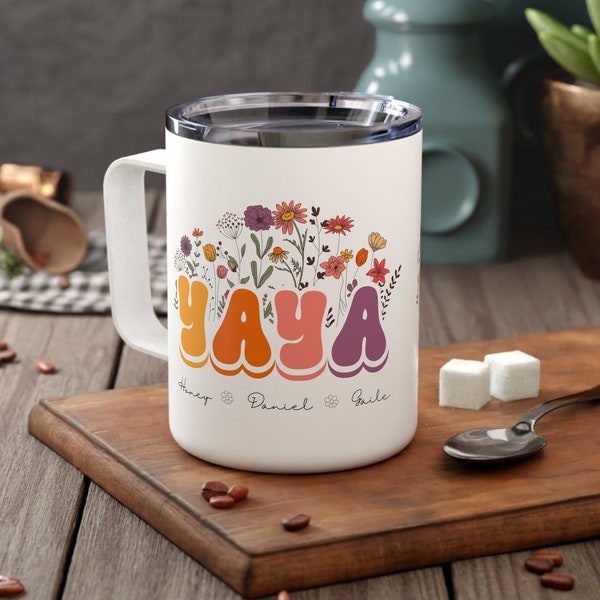 Personalized Floral Yaya Retro Insulated White Mug, Grandkids Names Gift For New Grandma, Baby Pregnancy Announcement Mother's Day Gift