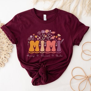 Camicia floreale Mimi personalizzata, maglietta personalizzata per la festa della mamma, abbigliamento Mimi con nomi di nipoti, regalo per la nonna dai bambini, maglietta Mimi benedetta