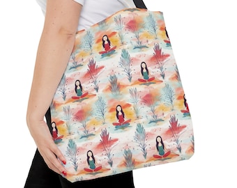 Bolsa de asas de escena de meditación de yoga (AOP) - Estilo acuarela - Bolsa de asas de Namaste - Regalo para mujeres, Bolsa de asas de lona - Regalo para ella - Profesora de yoga