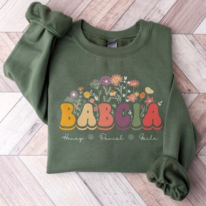 Personalized Babcia Sweatshirt, Custom Babcia Gift With Grandkids Names First Time Grandma Floral Crewneck Sweater, Mother's Day Babcia Gift
