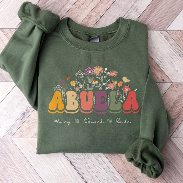 Sweat Abuela personnalisé, cadeau Abuela personnalisé avec prénoms petits-enfants, première fois, grand-mère, pull ras du cou floral, cadeau Abuela pour la fête des mères