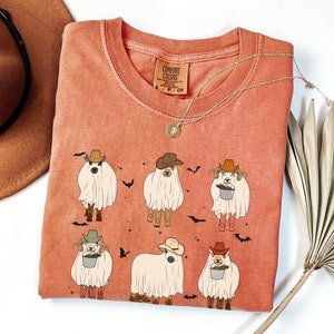 Sheep Ghost Western Halloween Comfort Colors Shirt, Farm Animals Tee, Spooky Ram Cowboy Halloween Gift, Sheep Lamb Lover Halloween T-Shirt