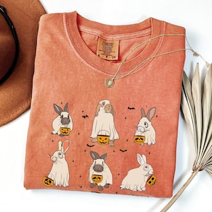Spooky Rabbit Ghost Halloween Comfort Colors Shirt, Scary Bunnies With Pumpkins Tee, Cute Rabbit Animal T-Shirt Halloween Gift For Her & Him
