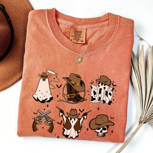 Western Cowboy Spooky Halloween Doodles Comfort Colors Shirt, Scary Ghost Skull Pumpkin Horror Cowboy Tee, Fall Halloween Party T-Shirt Gift