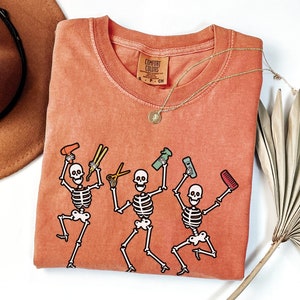 Hairstylist Skeleton Halloween Spooky Hair Salon Comfort Colors Shirt, Cosmetology School Student Tee, Halloween T-Shirt For Hairdresser