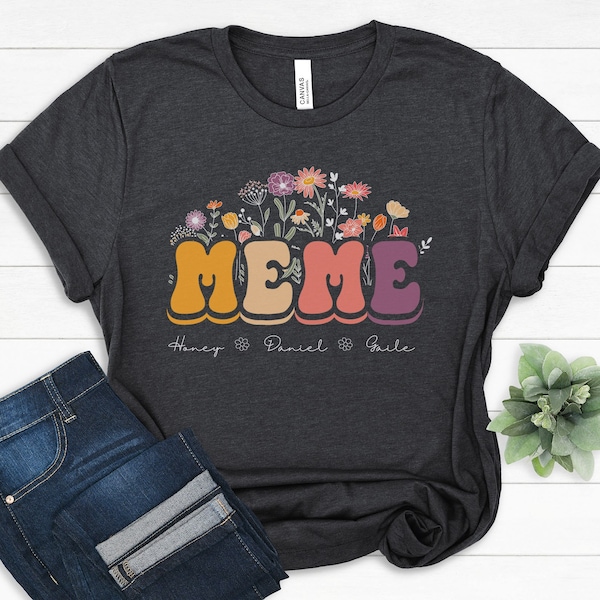Custom Meme Floral Shirt, Personalized Mother's Day TShirt, Meme With Grandkid Names Apparel, Gift For Grandma From Kids, Blessed Meme Tee
