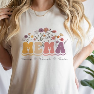 Custom Mema Floral Shirt, Personalized Mother's Day TShirt, Mema With Grandkid Names Apparel, Gift For Grandma From Kids, Blessed Mema Tee