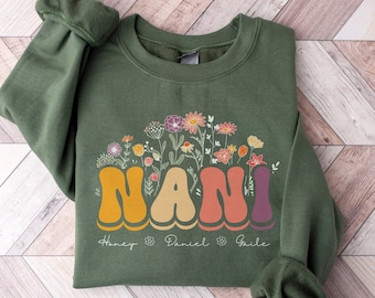 Personalized Nani Sweatshirt, Custom Nani Gift With Grandkids Names, First Time Grandma Floral Crewneck Sweater, Mother's Day Gift For Nani