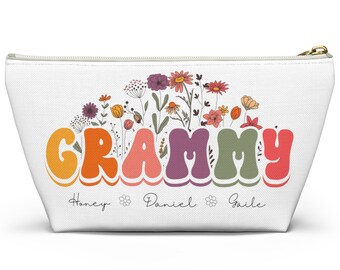 Benutzerdefinierte Grammy Zubehör Tasche w T-Bottom Reisetasche - Make-up Tasche - personalisierte Floral Retro Reißverschluss Einkaufstasche mit Geschenk Kinder Namen