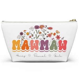 Custom Mawmaw Accessory Pouch w T-bottom Travel Bag - Makeup Bag - Personalized Floral Retro Zippered Tote Bag With Kids Names Gift