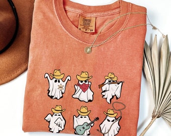Cowboy Geist Western Halloween Komfort Farben Shirt, gruseliges Cowboy Geist Doodle Halloween Party T-Shirt, Herbst Cowboy T-Shirt Geschenk für Sie und Ihn