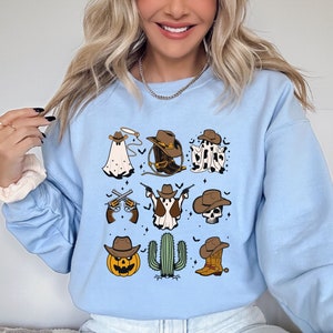 Western Cowboy Spooky Halloween Doodles Unisex Sweatshirt, Scary Ghost Skull Pumpkin Horror Night Cowboy Theme, Fall Halloween Party Gift