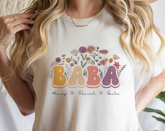 Chemise florale Baba personnalisée, T-shirt personnalisé pour la fête des mères, Vêtements Baba avec prénoms de petit-enfant, Cadeau pour grand-mère d'une enfant, T-shirt béni Baba